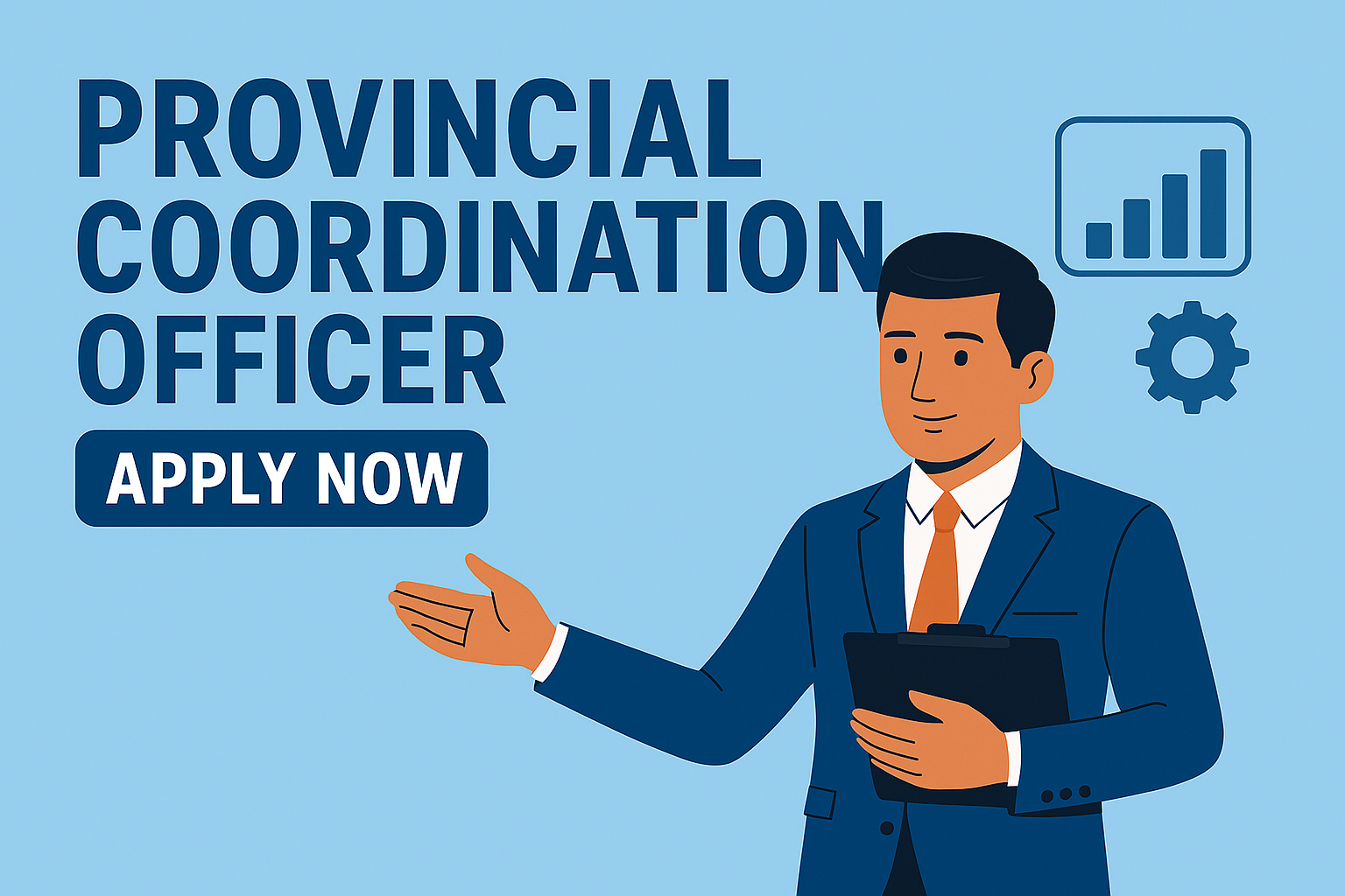 Illustration of a professional male figure in a suit holding a clipboard, promoting a Branch Manager job opening with “Apply Now” text, icons of growth and settings in the background.
