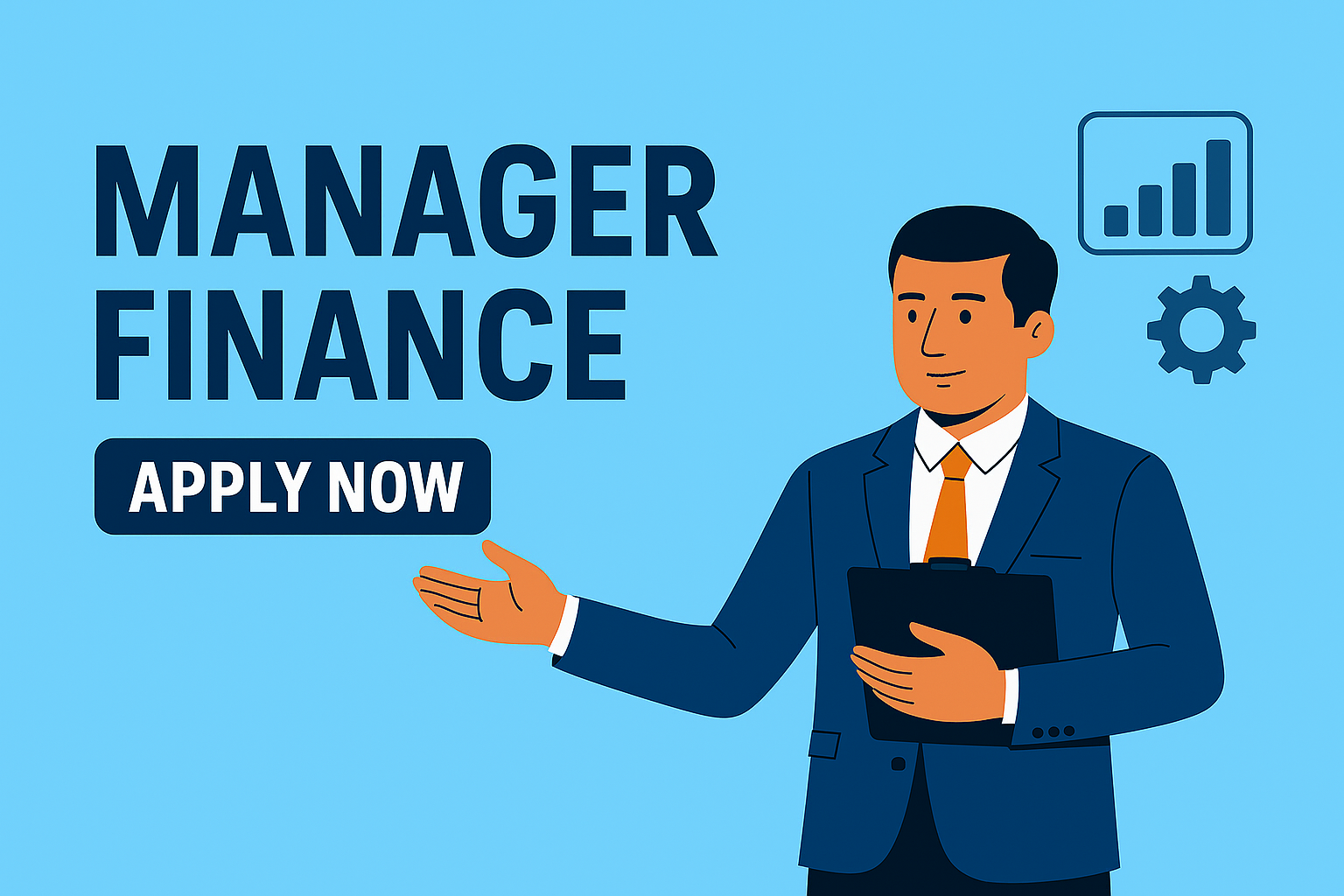 Illustration for a "Manager Finance" job vacancy featuring a professional man in a suit holding a clipboard, with bold "Apply Now" text on a sky-blue background and finance-related icons.