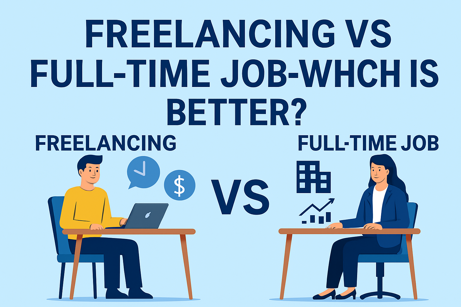 Illustration comparing freelancing and full-time jobs, showing a man working on a laptop for freelancing and a woman in business attire working at a desk for a full-time job, with icons representing time, money, and productivity.