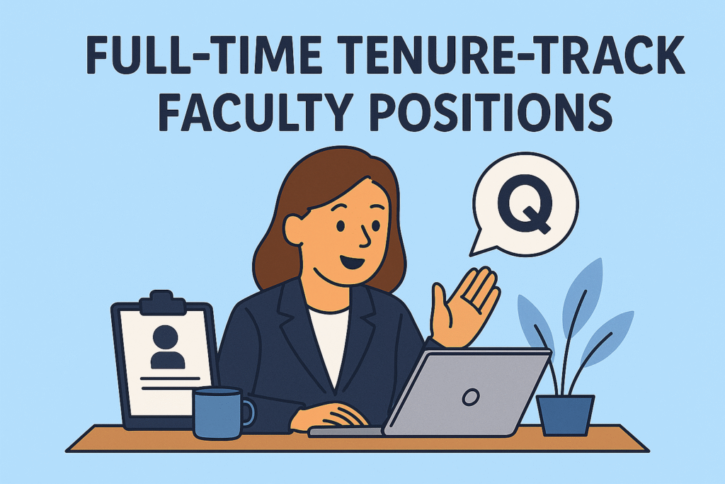 Illustration of a professional woman at a desk with a laptop, clipboard, coffee mug, and plant, under the heading “Full-Time Tenure-Track Faculty Positions” on a light blue background.