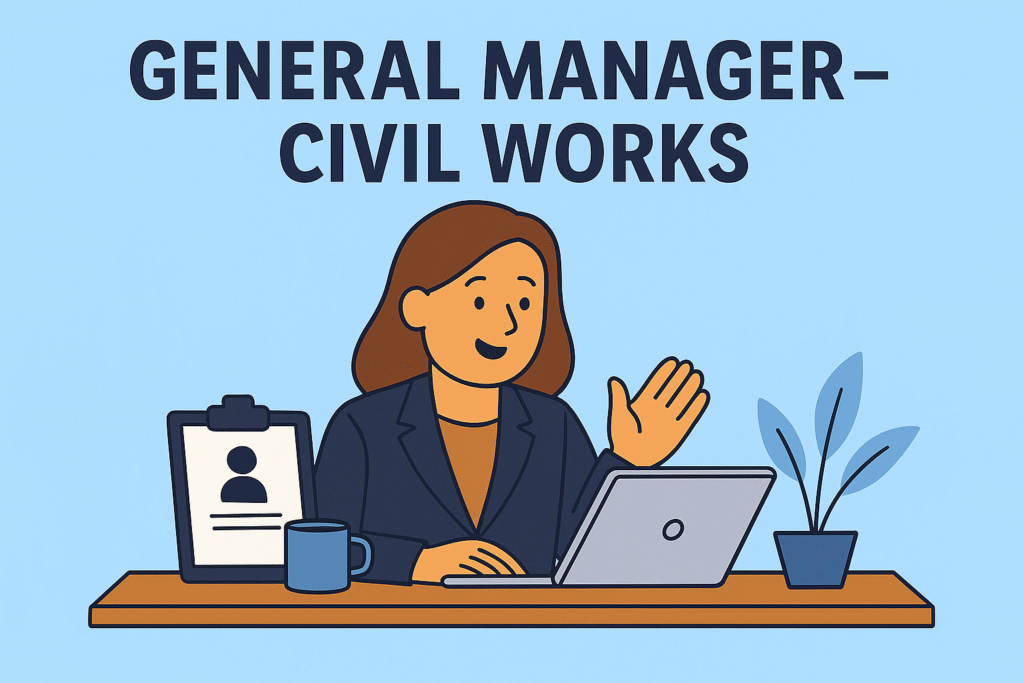 Illustration of a professional woman in a blazer sitting at a desk with a laptop, clipboard, and coffee mug, symbolizing a full-time faculty job interview or academic hiring process.