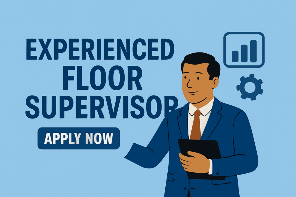 Job ad showing a man in a suit with text "Experienced Floor Supervisor" and "Apply Now" on a blue background. Chart and gear icons are in the background.