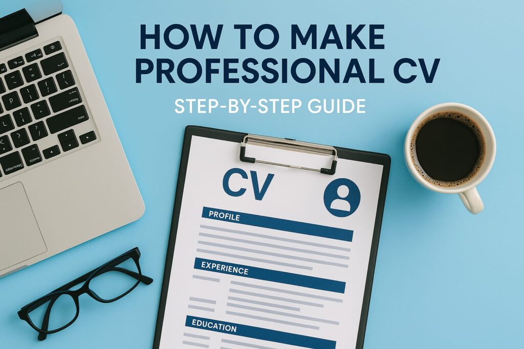 lat lay image with a sky blue background showing a clipboard with a professional CV, a laptop, eyeglasses, and a cup of coffee. Text on image reads 'How to Make Professional CV – Step-by-Step Guide'.