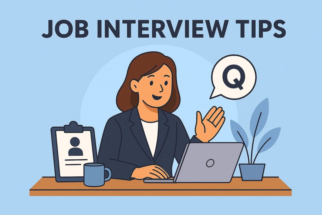 A modern digital illustration of a young woman in a navy blazer sitting at a desk with a laptop, clipboard, coffee mug, and plant, smiling confidently under a title that reads "Job Interview Tips".