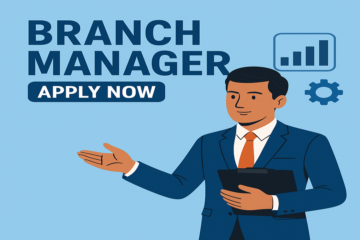 Illustration of a professional man in a business suit holding a clipboard, promoting a job opening for a Branch Manager with a 'Apply Now' button, and icons representing growth and settings in the background.