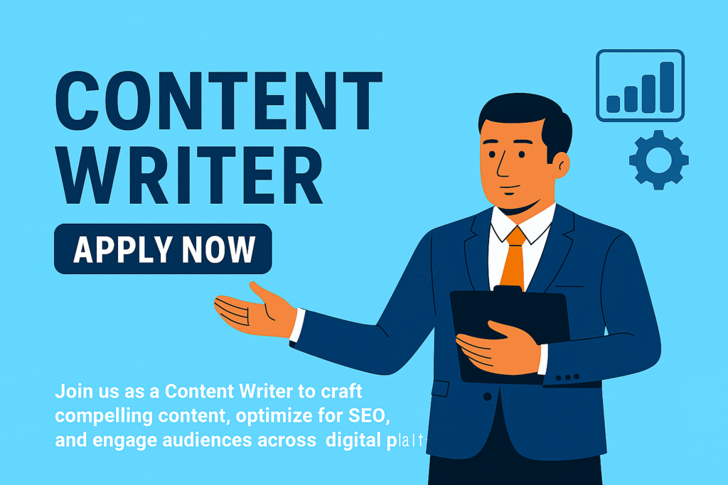 Illustration of a male content writer in a suit holding a clipboard, with 'Content Writer' and 'Apply Now' text on a light blue background.