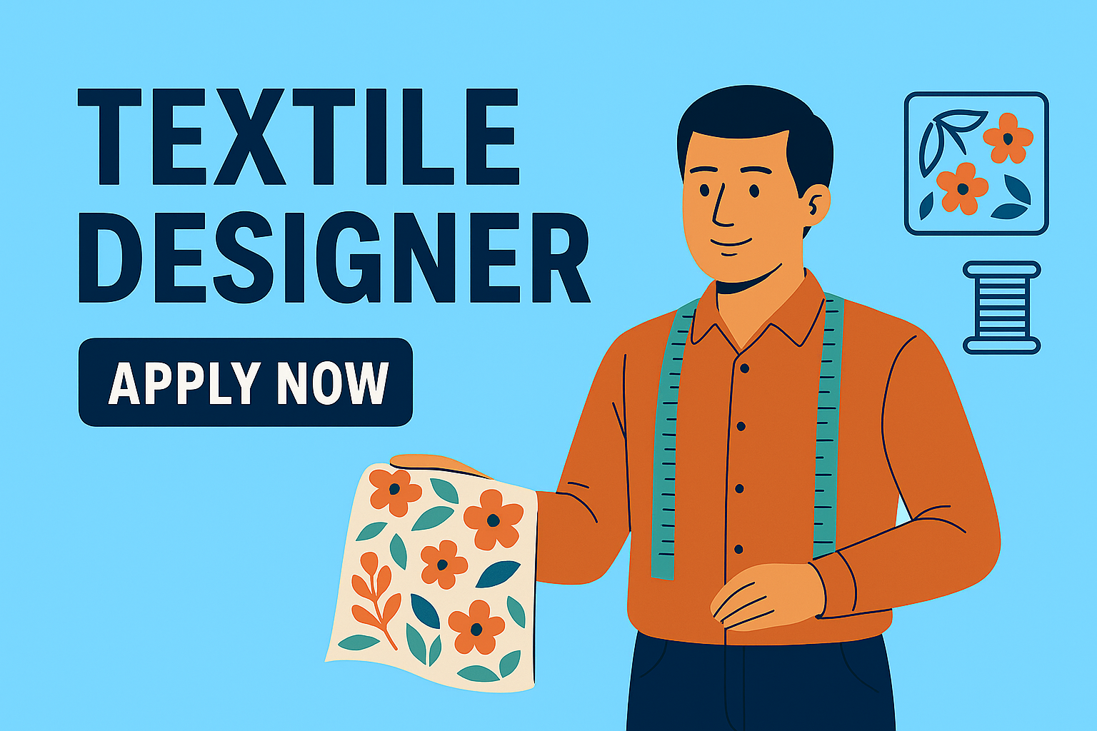 Illustration of a job advertisement for a Textile Designer featuring a man holding a floral fabric sample, with “Apply Now” button on a blue background.